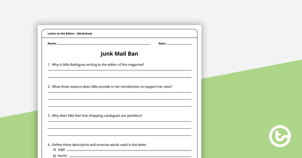Letter to the Editor (Junk Mail Ban) – Worksheet teaching resource