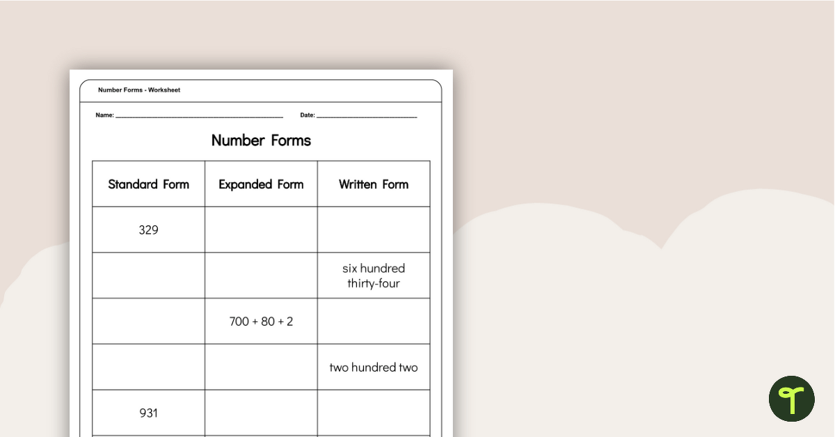 Number Forms Worksheet teaching resource