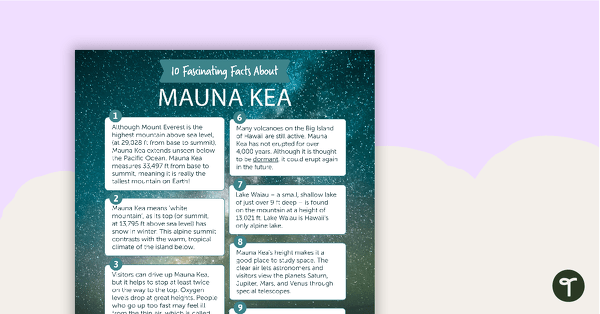 Go to 10 Fascinating Facts About Mauna Kea – Comprehension Worksheet teaching resource