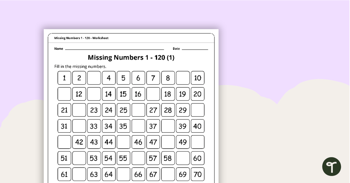 1–120 Number Charts With Missing Numbers teaching resource