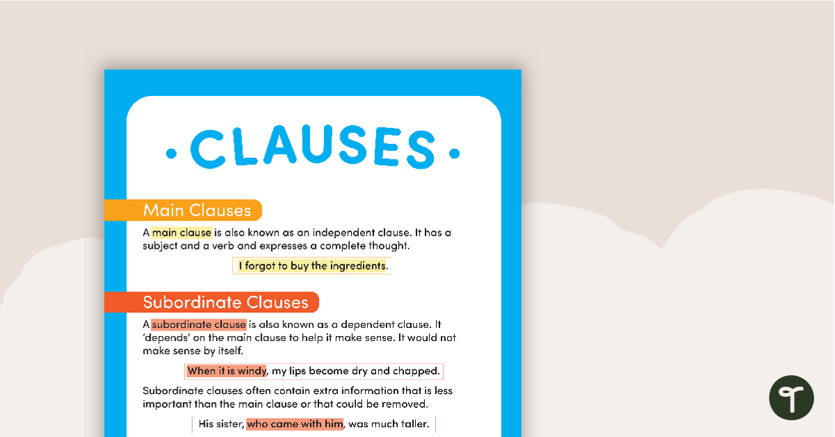 Main Clauses and Subordinate Clauses Poster teaching resource