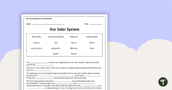 Preview image for Our Solar System Cloze Worksheet - teaching resource