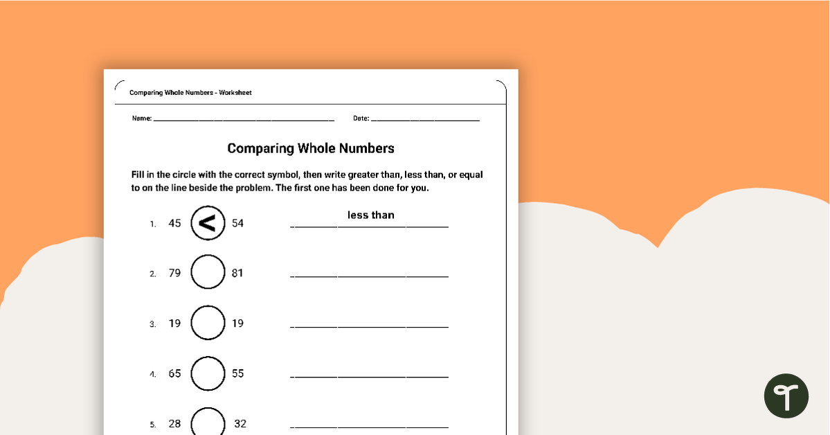 Comparing Whole Numbers Worksheet teaching resource