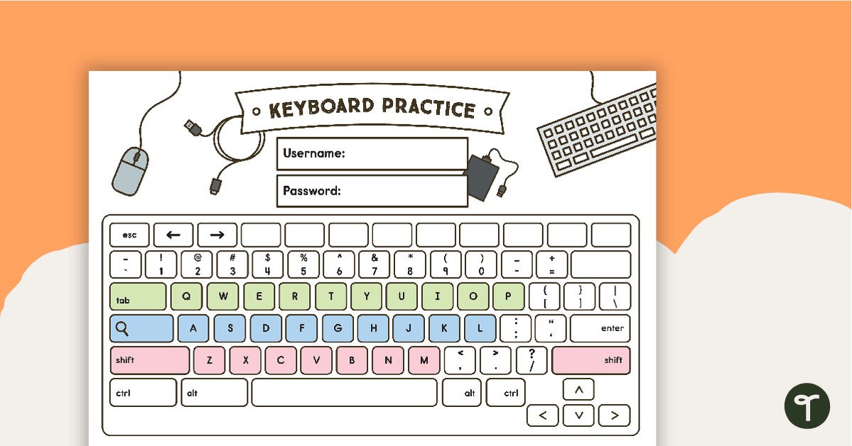 Colour-Coded Computer Keyboard Template teaching resource