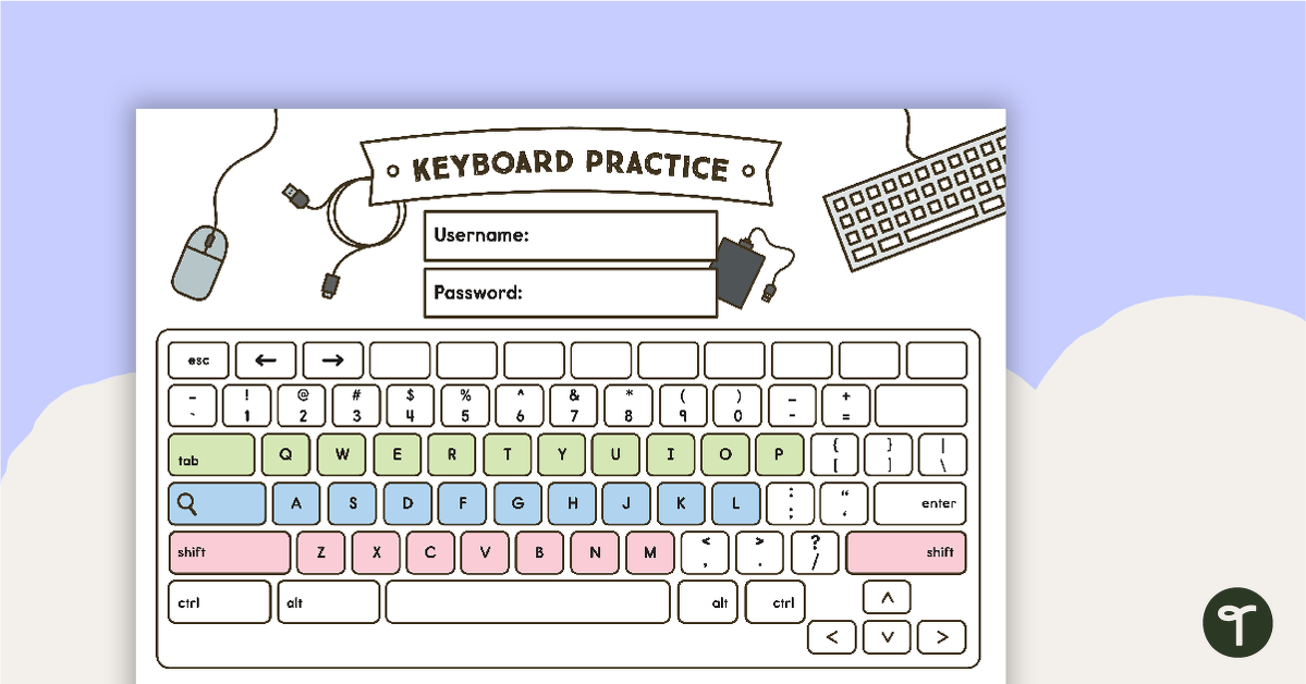 Colour-Coded Computer Keyboard Template teaching resource