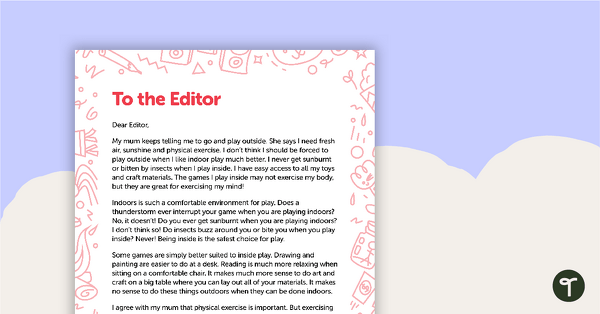 Preview image for Letter to the Editor (Indoor Play) – Worksheet - teaching resource