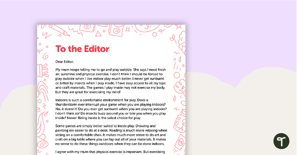 Letter to the Editor (Indoor Play) – Worksheet teaching resource