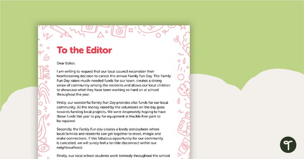 Go to Letter to the Editor (Family Fun Day) – Worksheet teaching resource