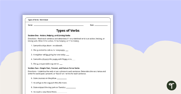 Types of Verbs Worksheet teaching resource