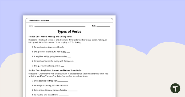 Types of Verbs Worksheet | Teach Starter