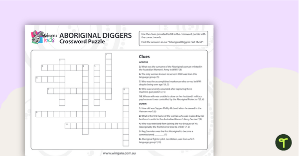 Aboriginal Diggers Crossword Puzzle teaching resource