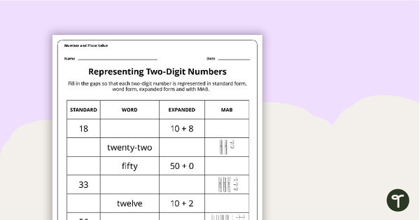 Go to Representing Two-Digit Numbers - Place Value Worksheet teaching resource
