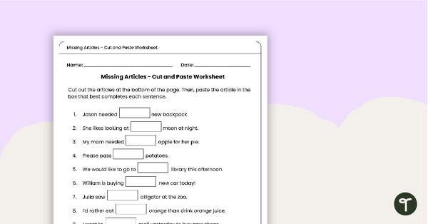 Missing Articles - Cut and Paste Worksheet teaching resource