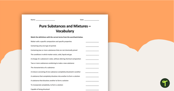 Preview image for Pure Substances and Mixtures - Vocabulary Worksheet - teaching resource