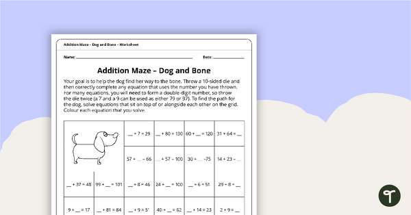 Image of Addition Maze – Dog and Bone Worksheet