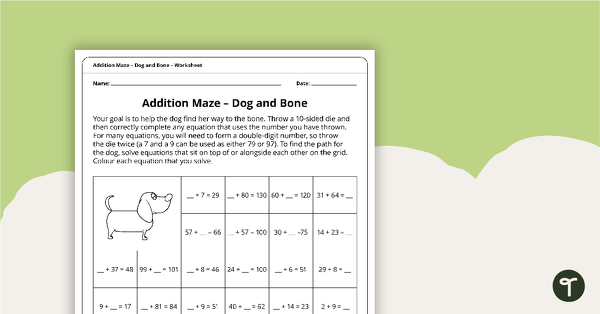 Image of Addition Maze – Dog and Bone Worksheet