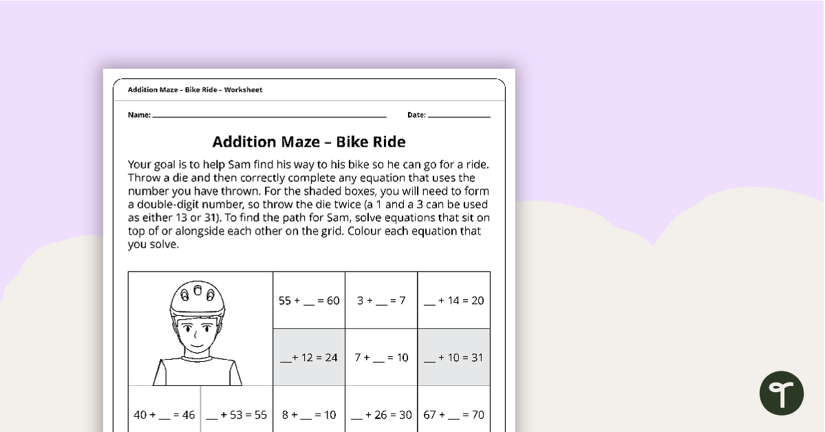 Addition Maze – Bike Ride Worksheet teaching resource