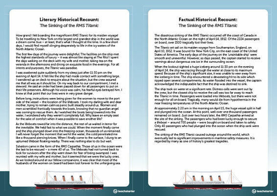 The Sinking of the RMS Titanic - Historical Recounts Comparison Task teaching resource