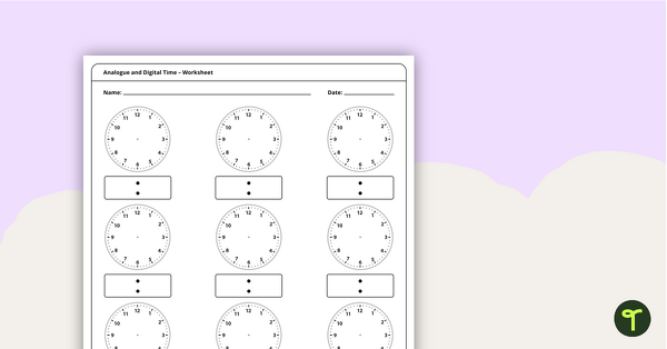 Blank Digital and Analogue Clock Worksheet teaching resource