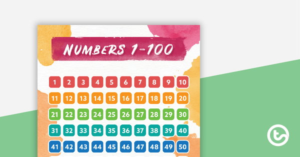 Go to Vibrant Watercolour - Numbers 1 to 100 Chart teaching resource