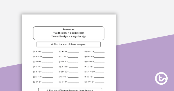 positive and negative numbers worksheets teach starter