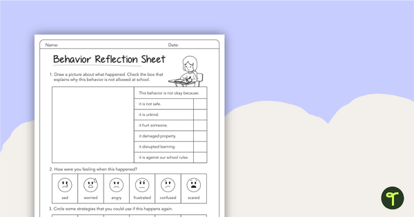 Behavior Reflection Sheet – Lower Grades teaching resource