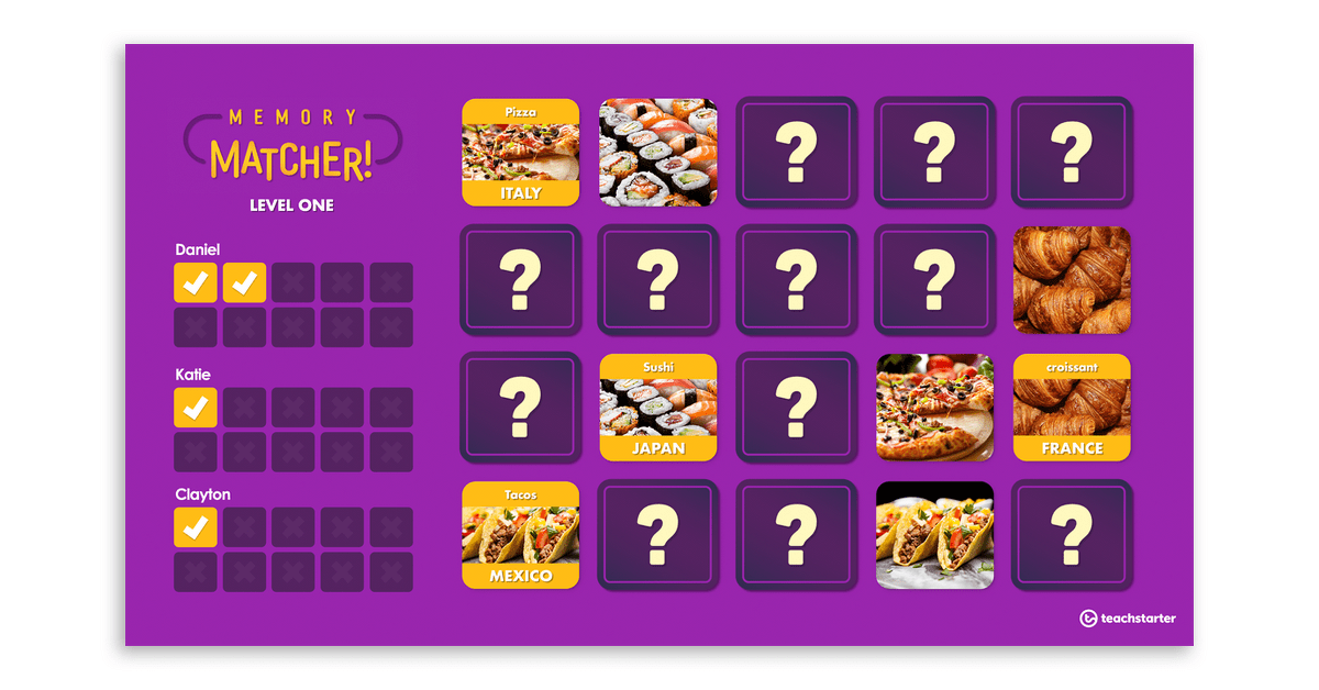 Memory Matcher Interactive Game (International Foods Theme)