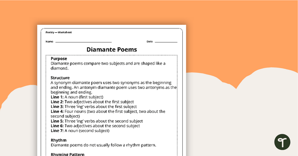 Writing a Diamante Poem Worksheet teaching resource