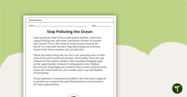 Reading Fluency – Stop Polluting the Ocean (Year 4) teaching resource