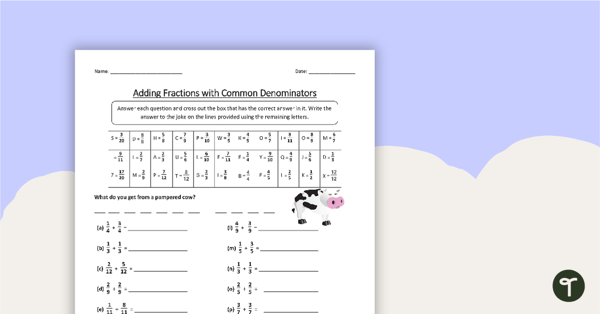 Adding Fractions with Common Denominators Worksheet teaching resource