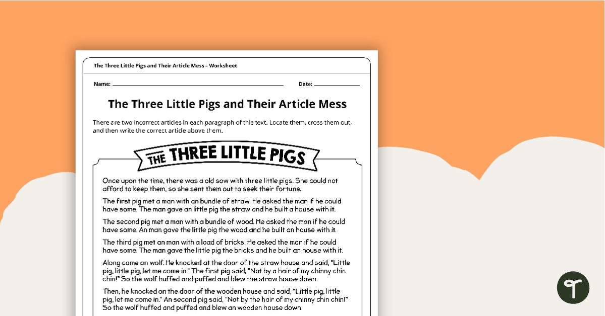The Three Little Pigs and Their Article Mess - Worksheet teaching resource