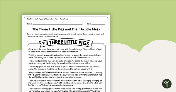 The Three Little Pigs and Their Article Mess - Worksheet teaching resource