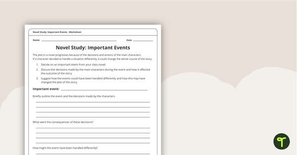 Go to Novel Study – Important Events Worksheet teaching resource