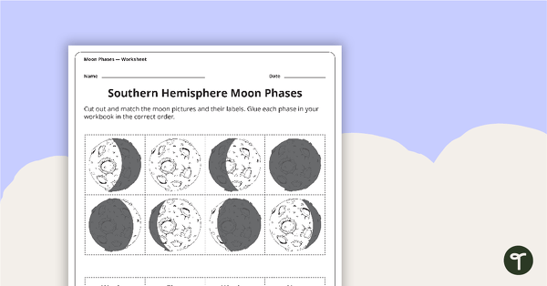 Moon Phases Worksheet - Southern Hemisphere teaching resource