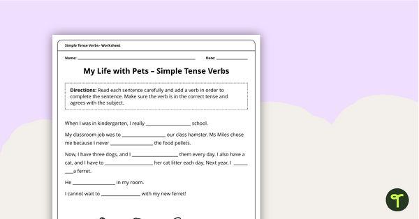 Past, Present and Future Simple Tense Verbs Worksheet teaching resource