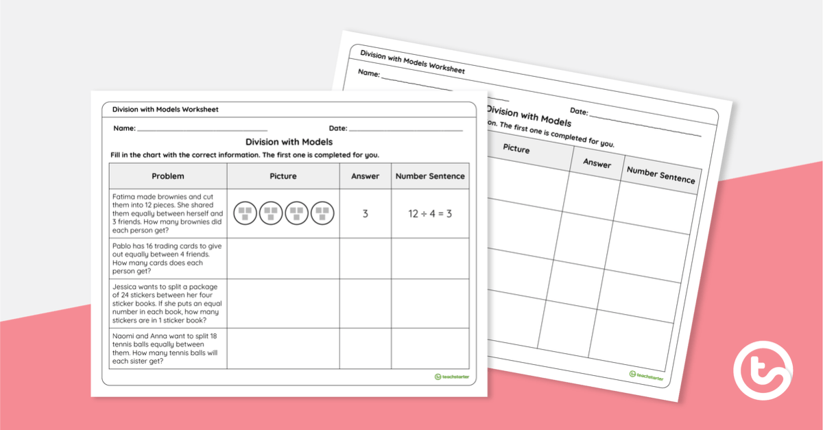 Division with Models Worksheet teaching resource