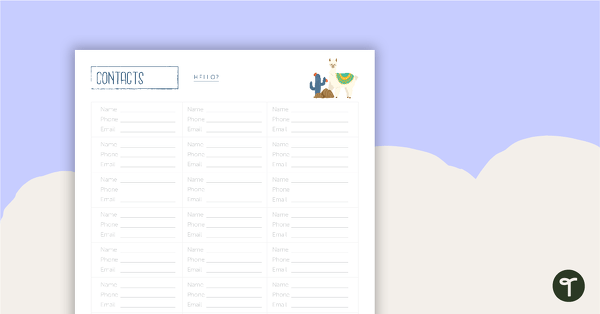 Go to Llama and Cactus Printable Teacher Planner – Contacts Page teaching resource