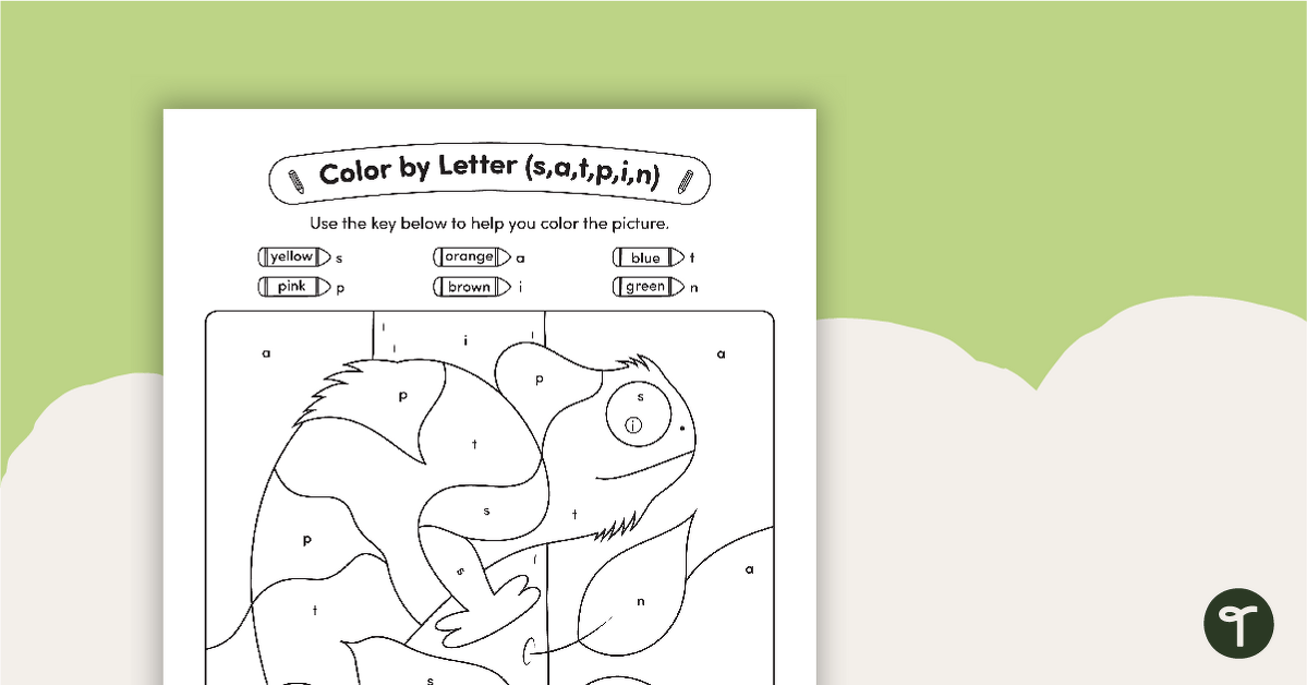 Color by Letter (s,a,t,p,i,n) - Chameleon teaching resource