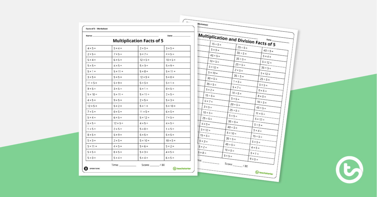 Multiplication and Division Worksheets – Facts of 5 teaching resource