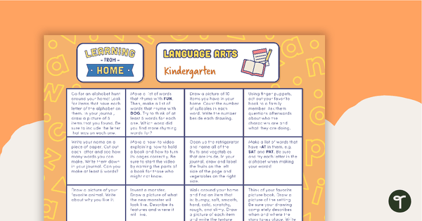 Kindergarten – Week 1 Learning from Home Activity Grids teaching resource