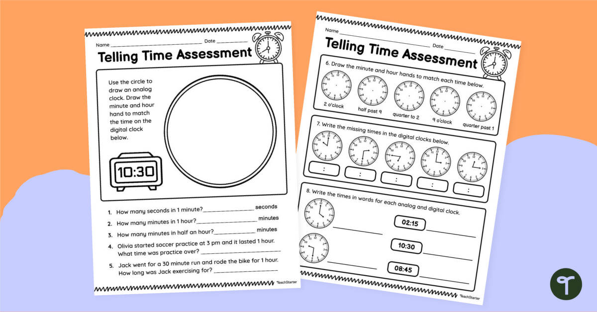 Telling Time - Year 2 Maths Test teaching resource