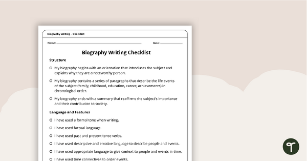 Biography Writing Checklist – Structure, Language, and Features teaching resource