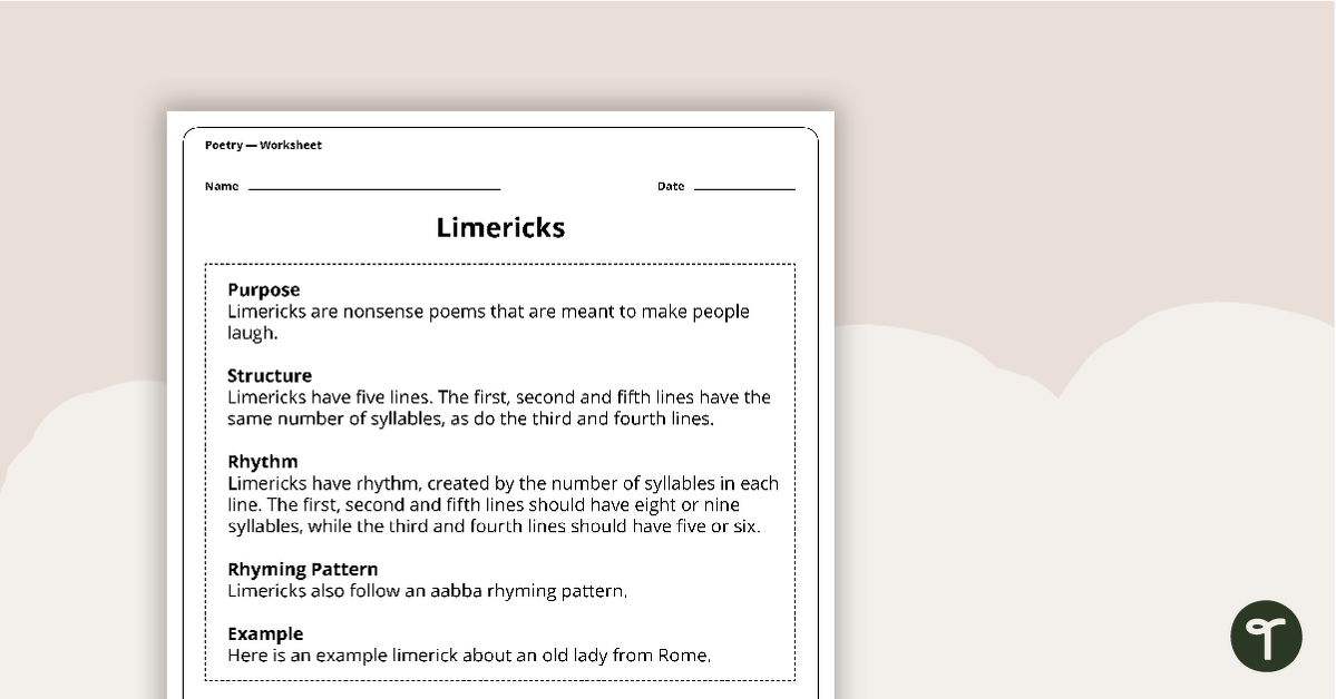 Writing a Limerick Worksheet teaching resource