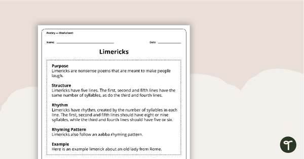 Go to Writing a Limerick Worksheet teaching resource