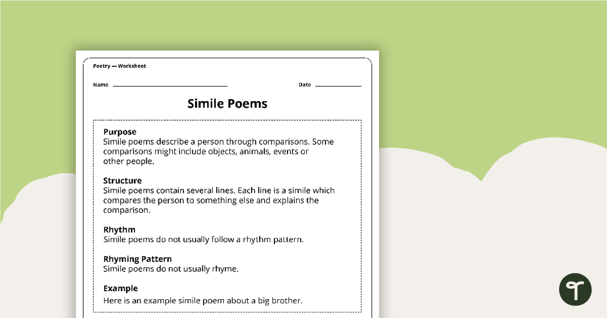 Writing a Simile Poem Worksheet teaching resource