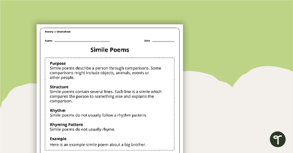Writing a Simile Poem Worksheet teaching resource