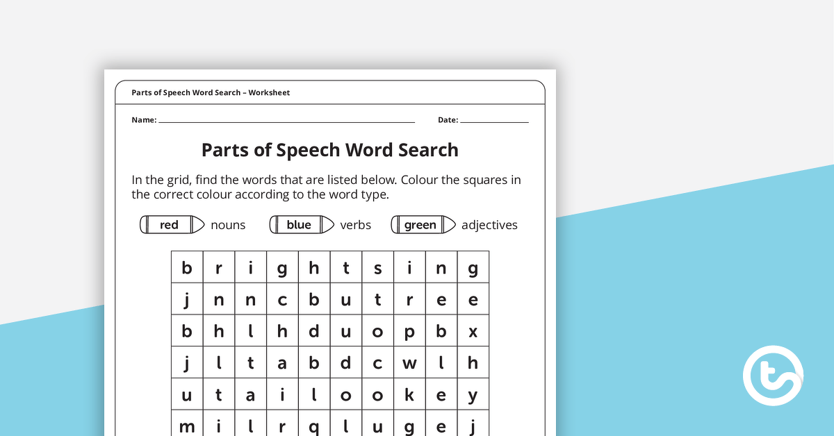 Parts of Speech Word Search (Nouns, Adjectives and Verbs) – Worksheet teaching resource