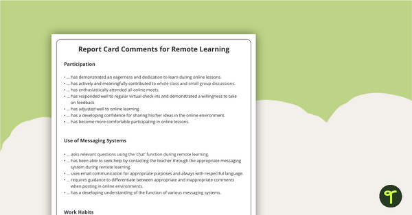 Report Card Comments for Remote Learning teaching resource