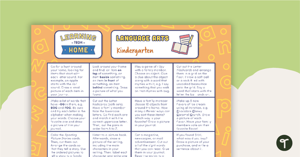 Kindergarten – Week 2 Learning from Home Activity Grids teaching resource