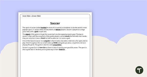 Soccer Cloze Worksheet teaching resource